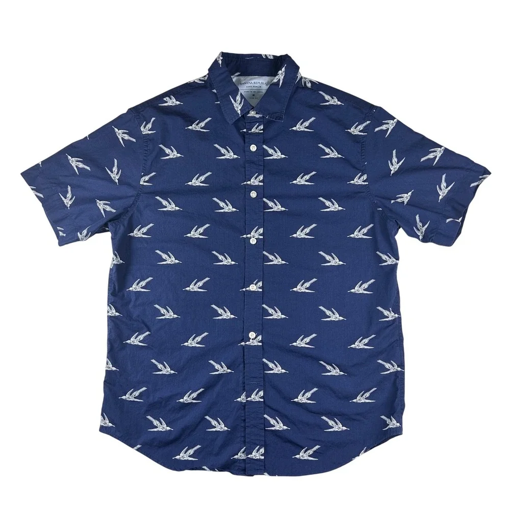 Banana Republic Luxe Poplin Mens Medium Slim Fit Navy Blue Bird Print SS Shirt